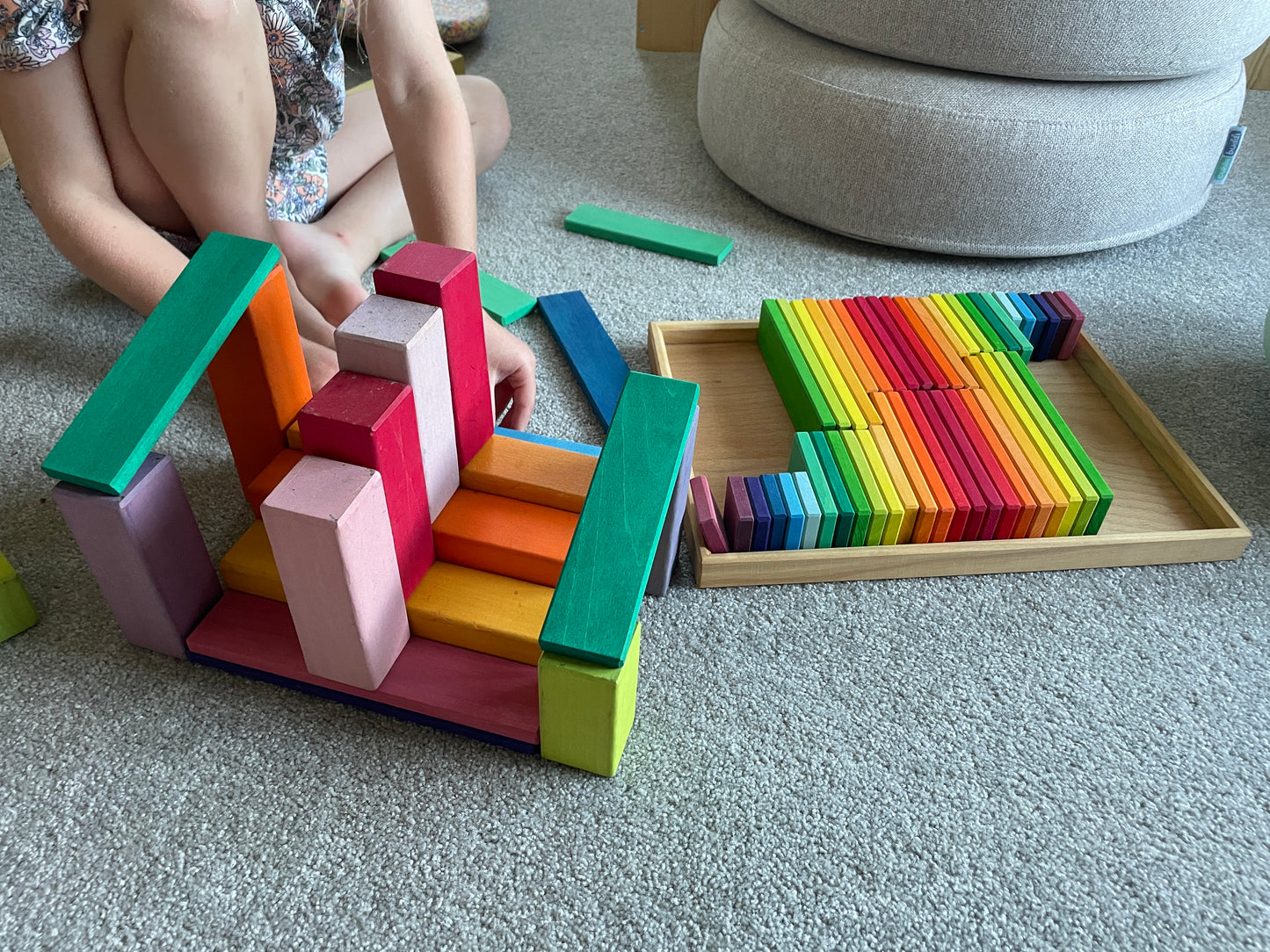 Gluckskafer Wooden Blocks - Rainbow Building Slats in Tray 64pcs