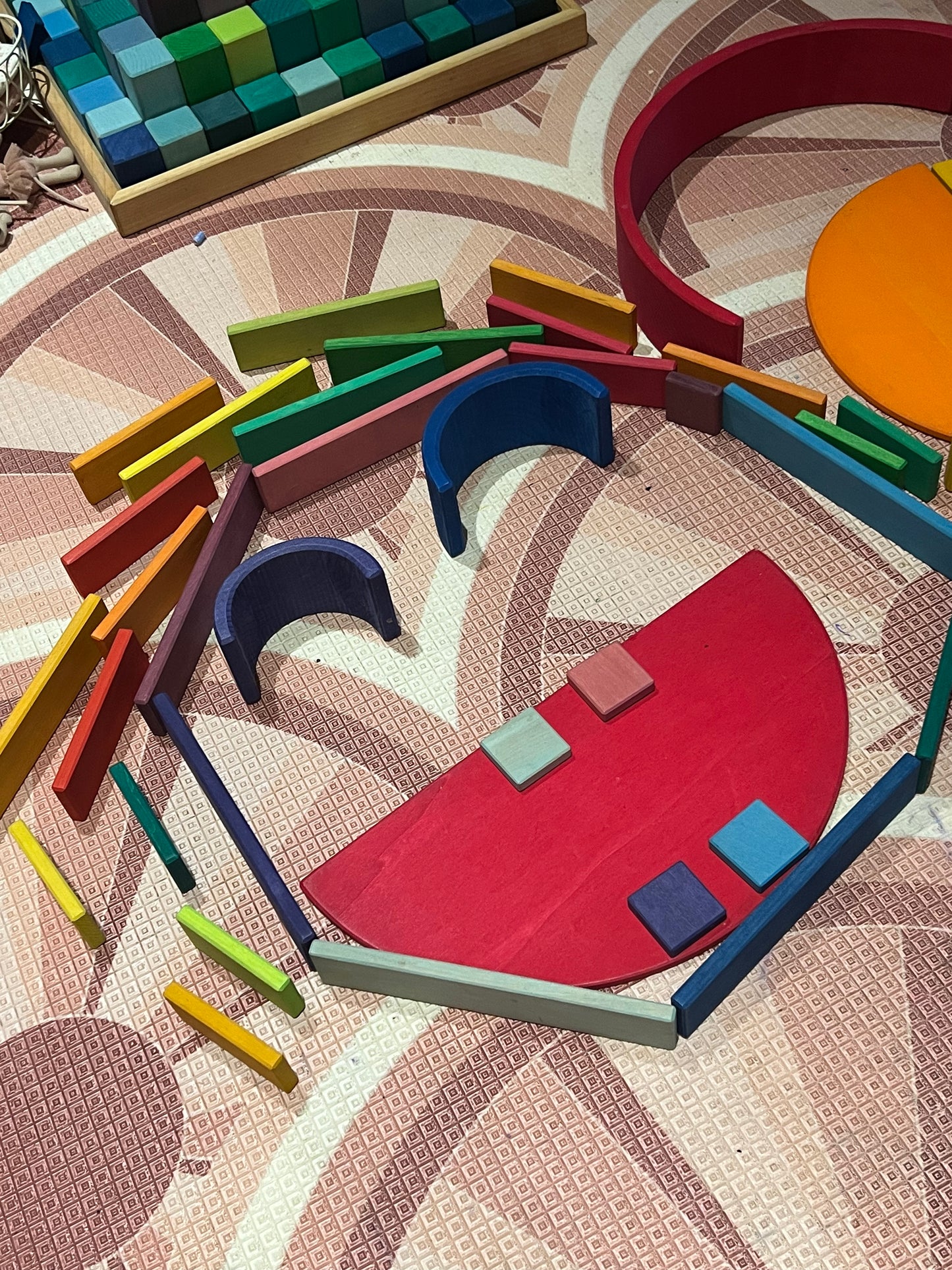 Gluckskafer Wooden Blocks - Rainbow Building Slats in Tray 64pcs