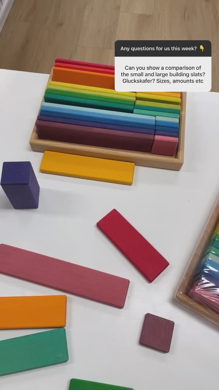Load and play video in Gallery viewer, Gluckskafer Wooden Blocks - Rainbow Building Slats in Tray 64pcs