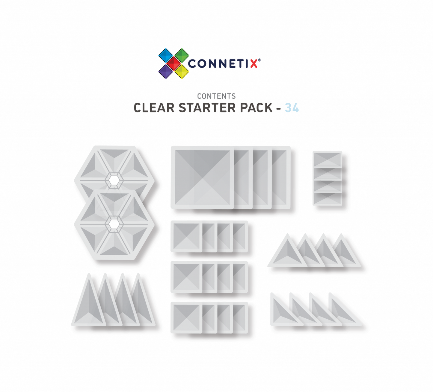 Clear Connetix Tiles - 34 Piece Starter Pack