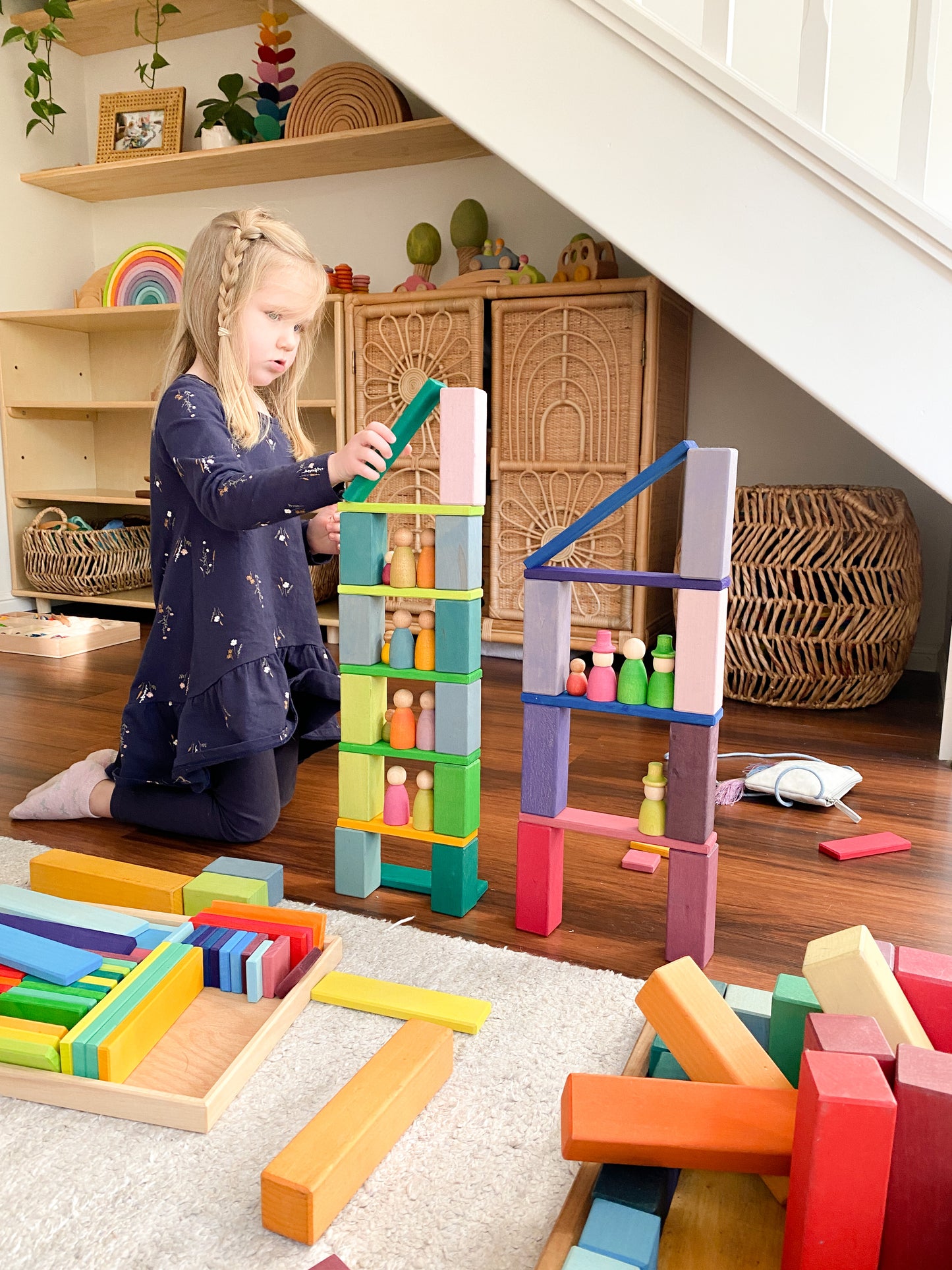 Gluckskafer Wooden Blocks - Rainbow Building Slats in Tray 64pcs