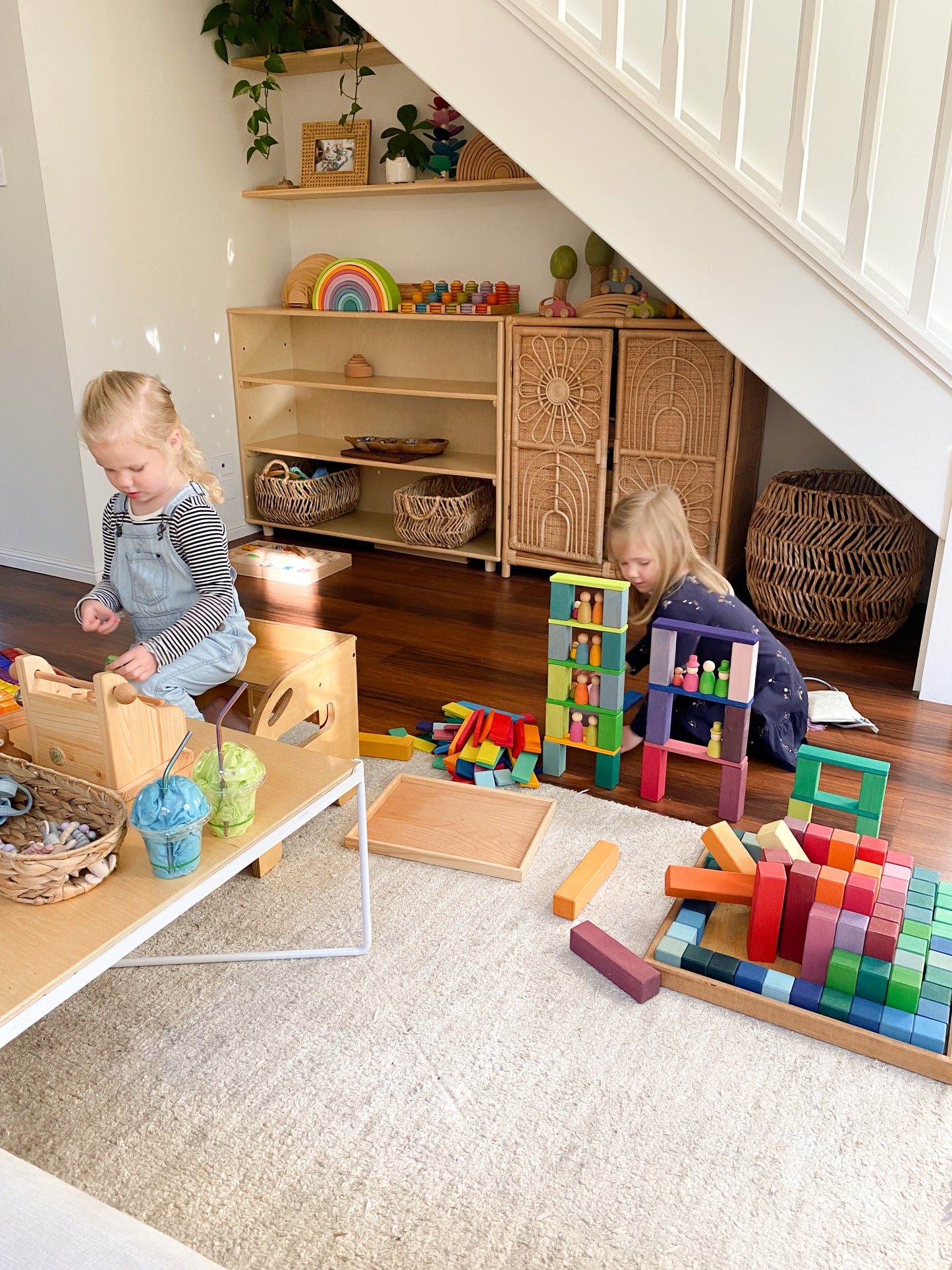 Gluckskafer Wooden Blocks - Rainbow Building Slats in Tray 64pcs