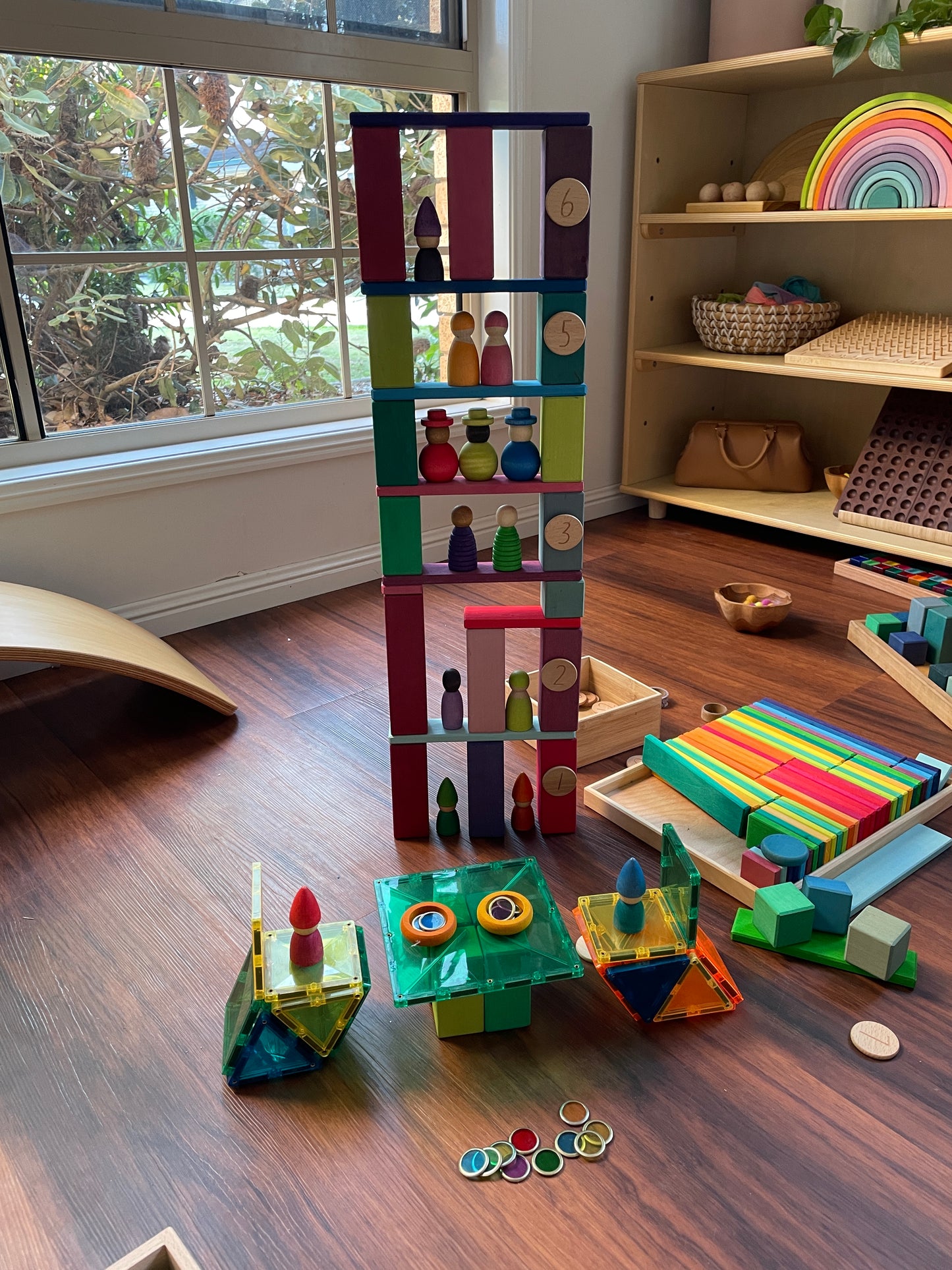 Gluckskafer Wooden Blocks - Rainbow Building Slats in Tray 64pcs