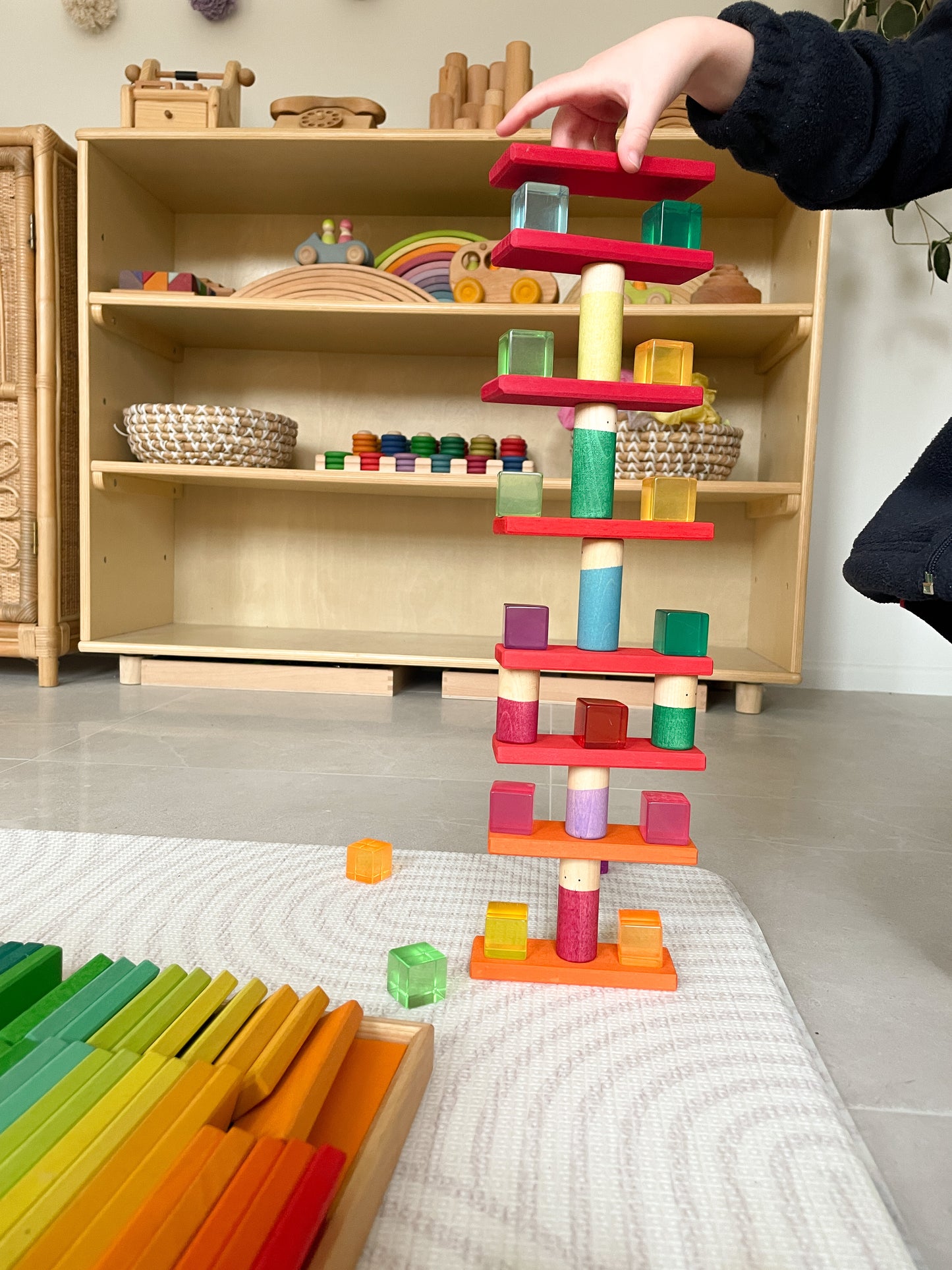 Gluckskafer Wooden Blocks - Rainbow Building Slats in Tray 64pcs