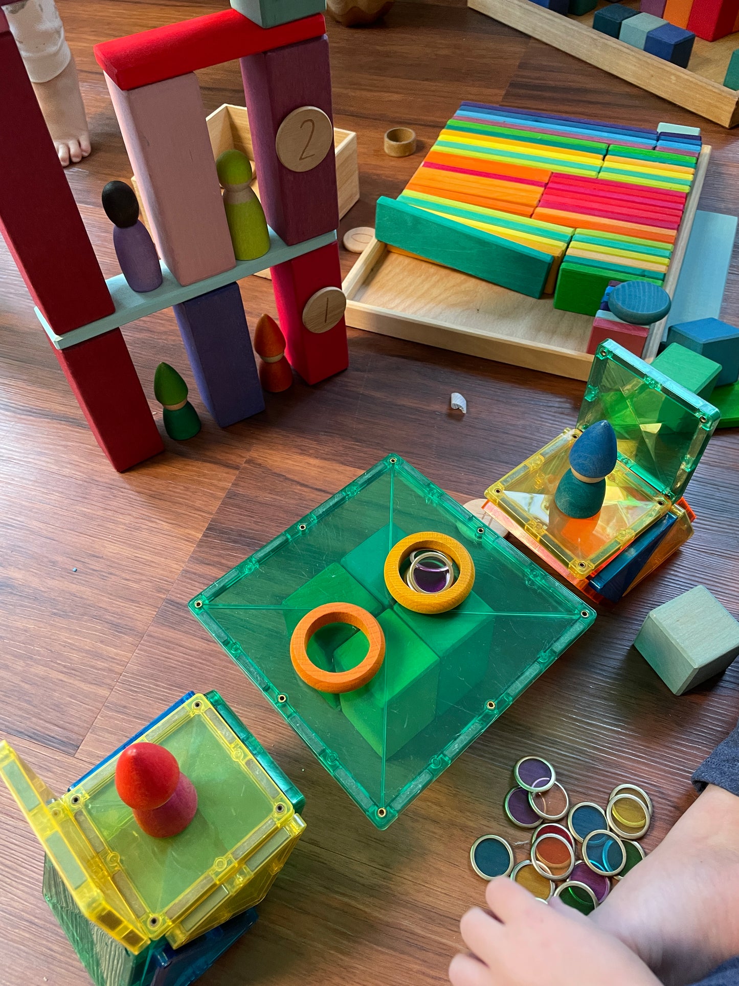 Gluckskafer Wooden Blocks - Rainbow Building Slats in Tray 64pcs